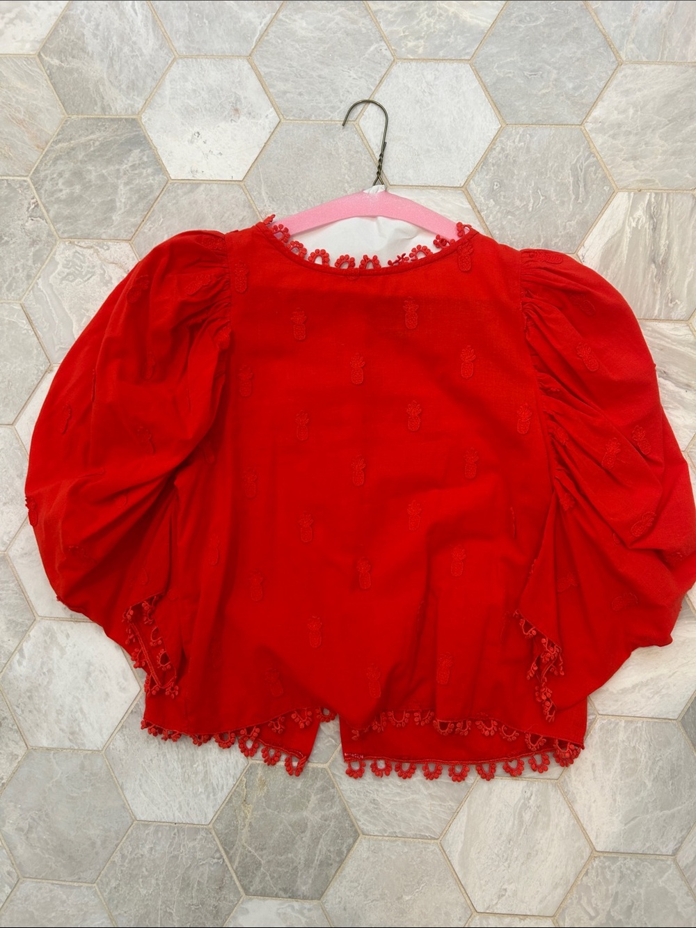 Farm Rio Vibrant Red Puff Sleeve Crochet Trim Blouse